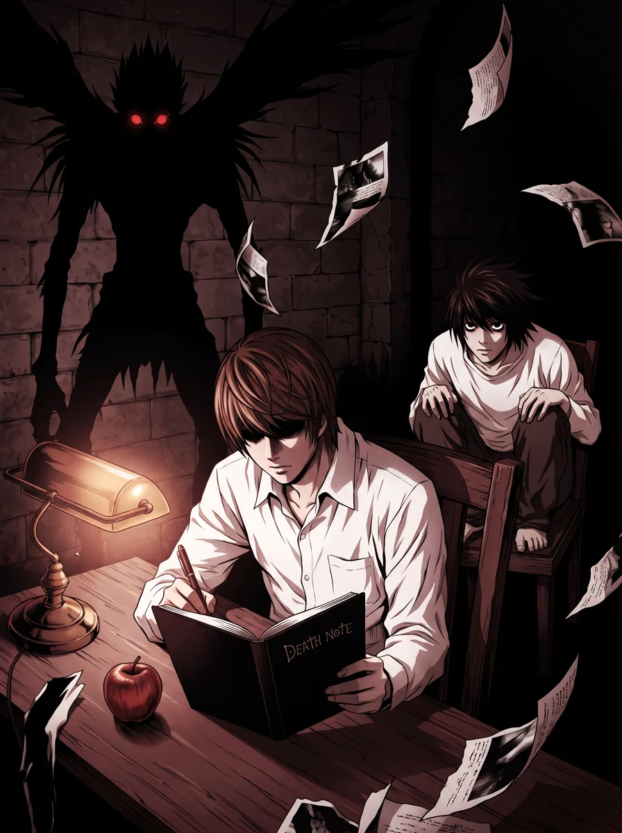 Light écrit dans le Death Note, observé par L et Ryuk