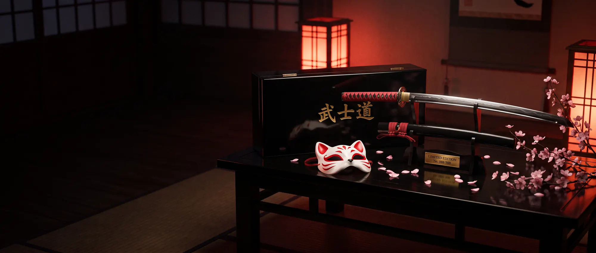 Coffret collector laqué, katana sur support et masque kitsune