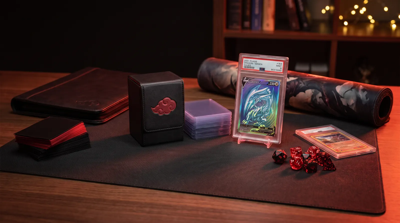 Deck box, sleeves, toploaders, carte gradée et tapis de jeu sur une table